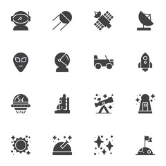 Space, astronomy vector icons set, modern solid symbol collection, filled style pictogram pack. Signs, logo illustration. Set includes icons as astronaut, spaceman, spacesuit, telescope, UFO spaceship