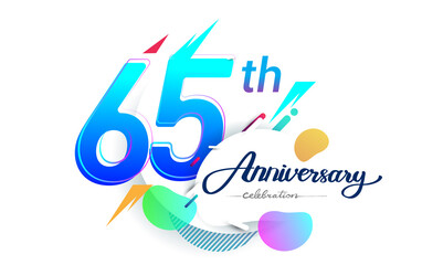 65th years anniversary logo, vector design birthday celebration with colorful geometric background, isolated on white background.