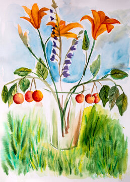 Children's watercolor drawing "Still life with cherries and a bouquet of flowers"