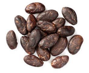 peeled cocoa beans isolated on white background, top view