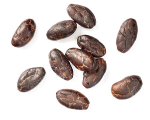 peeled cocoa beans isolated on white background, top view