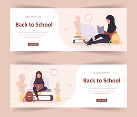 Welcome back to school. Arab girls reading book. Smart students. Women cartoon character. Modern vector illustration in flat style. Web banner for diverse education community and creativity.