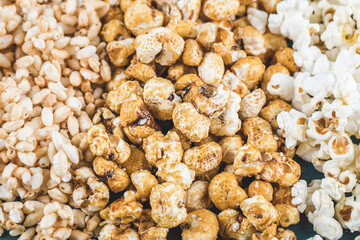 Popcorn , caramel corn and wheat corn snacks 