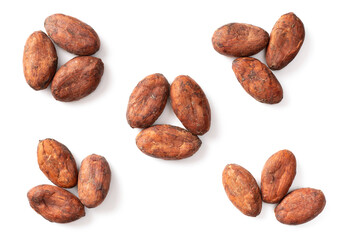 dried cocoa beans isolated on white background, top view