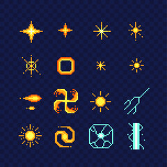 Fx light effects. Pixel art abstract icons set. Light symbols. Electric lightning bolt. Energy effect. Bright light flare and sparks Isolated vector illustration. 