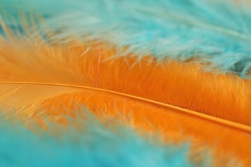 Feathers background. Fluffy orange and blue feathers row. Macro feather  texture.. feathers set close-up background.Bird plumage nature background. Soft focus. © Yuliya