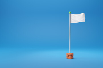 3D Render White flag on a orange brick block base pole ,Copy space for insert your content ,Isolate on blue background.