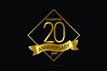 Obraz premium 20 year Luxury Black Gold anniversary jubilee, Ribbon greeting card. Birthday invitation. Gold space vector illustration on black background - Vector
