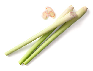 fresh lemongrass stems isolated on white background, top view