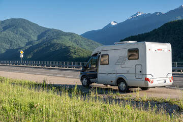 Family vacation travel RV, holiday trip in motorhome, Caravan car Vacation. vacation in the mountains