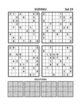 Four sudoku puzzles of medium level, answers included. Set 23.

