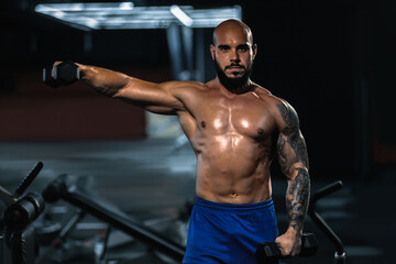 Fototapeta na wymiar Handsome muscular bodybuilder training with dumbbells in modern fitness club