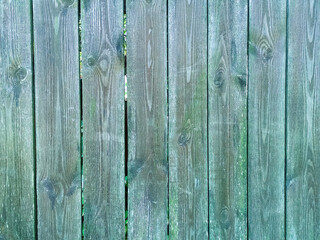 Green wood texture background. .Old ragged painted fence.