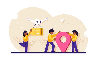 Drone delivery service concept. Innovative technology in parcel shipment. Girl receives parcel near pin sign. Modern flat illustration.