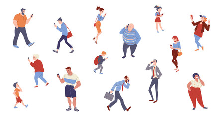 Fototapeta na wymiar People with smartphones background. Diverse group of people with mobile phones. Women and men talking, texting, searching internet. Vector characters isolated on white.