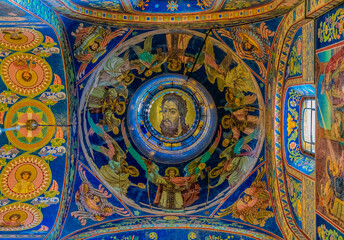 Fototapeta na wymiar Ornate interior and icons of the Savior on Spilled Blood or Cathedral of Resurrection of Christ in Saint Petersburg, Russia