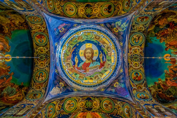 Fototapeta na wymiar Ornate interior and icons of the Savior on Spilled Blood or Cathedral of Resurrection of Christ in Saint Petersburg, Russia