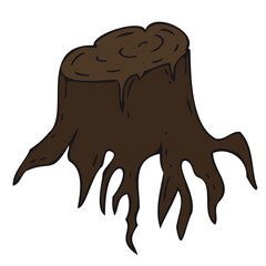 uprooted tree stump, vector doodle element for halloween celebration in black style, color illustration