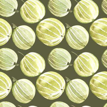 Seamless watercolor pattern with gooseberries on a green background
