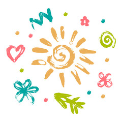 Set of children's finger drawings: sun, flowers, heart, lightning, arrow, spiral, dots. Handmade. Template for card, banner, social networks, t-shirt Vector illustration Isolated white background
