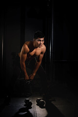 Fototapeta na wymiar Handsome man raising dumbbell,doing exercise for buit muscle,fit and firm body,model posing