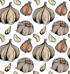 Seamless pattern colorful sketch garlic illustration. Antibacterial product for health. Useful seasoning for cooking. Natural spice. Vector color texture for wallpaper, packing and your design