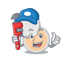 cartoon mascot design of jar powder makeup as a Plumber with tool