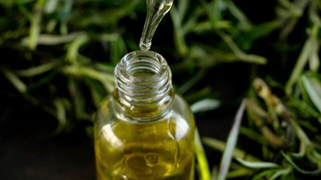 Dripping of fresh rosemary oil into bottle, closeup