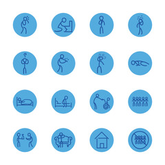 Medical care and covid 19 virus block style icon set vector design