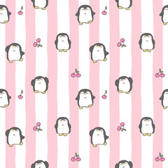 Seamless Pattern with Cute Cartoon Penguin and Cherry Design on Pink Stripe Background