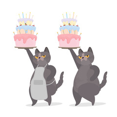 Funny cat holds a birthday cake. Sweets with cream, muffin, festive dessert, confectionery. Good for cards, t-shirts and stickers. Vector flat style.