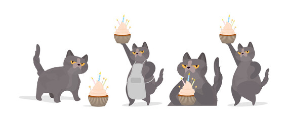 A set of funny cats that holds a festive cupcake. Sweets with cream, muffin, festive dessert, confectionery. Good for cards, t-shirts and stickers. Vector flat style.