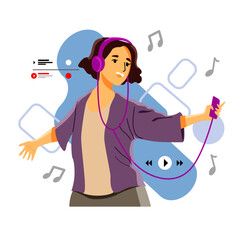 woman listening to music. listening from headphone.