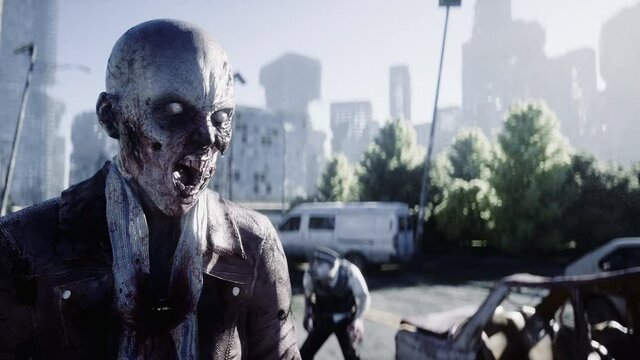 Terrible zombie in destroyed city. Zombie apocalypse concept. Realistic 4k animation.