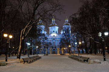 St. Nicholas Naval Cathedral at night, St. Petersburg, Russia