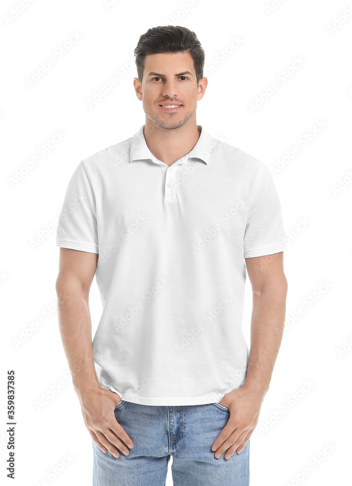 Poster Young man in stylish t-shirt on white background