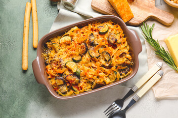 Tasty baked pasta in dish on color background