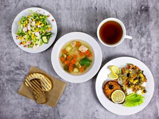 Combo lunch of soup, salad and fish