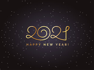 Golden 2021 logo text design on black backround. Vector stylish elegant modern minimalistic text with numbers. Concept design. Christmas background with stars, snowflakes, snow. Happy New Year.