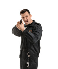 Aggressive police officer with gun on white background