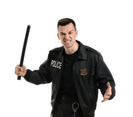 Aggressive police officer with baton on white background
