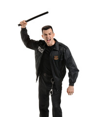 Aggressive police officer with baton on white background