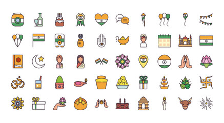 Indian fill style icon set vector design