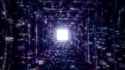 3D Big Data Digital Tunnel Square with futuristic matrix. Network of particles with binary code. Technological and connected motion background. Seamless loop 3D render