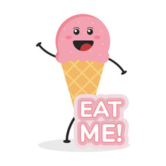 Cute Flat Cartoon Ice Cream Illustration. Vector illustration of cute ice cream with a smiling expression. Cute ice cream mascot design