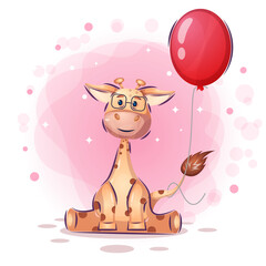 Cute smilling giraffe with red baloon illustration. Premium Vector