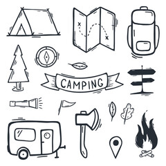 Summer camp. Camping hand draw doodle background. Vector illustration.