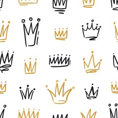 Hand drawn black and golden crowns seamless pattern. Doodle symbols of monarchy with colorful contour lines vector illustration. Drawing prince, princess, queen or king sign with design elements