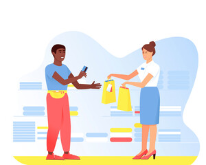 An African American is shopping at a shop assistant. A man pays with a card for a purchase. Seller hands paper bags to buyer. Vector cartoon flat illustration.