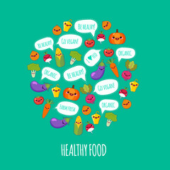 Happy cartoon cute vegetables . Organic food icons vector illustration